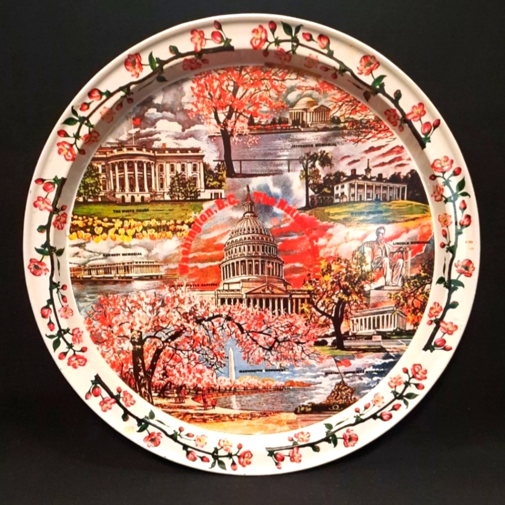 Vintage Washington, D.C. Metal Souvenir Round Tray ~ Cherry Blossoms & Monuments